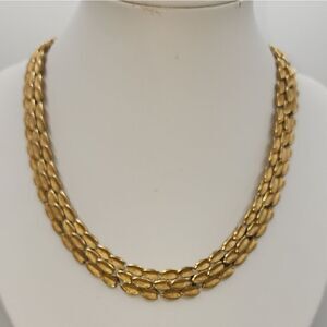 Signed CROWN TRIFARI Vintage Gold Tone Leaf Triple Row Retro Necklace